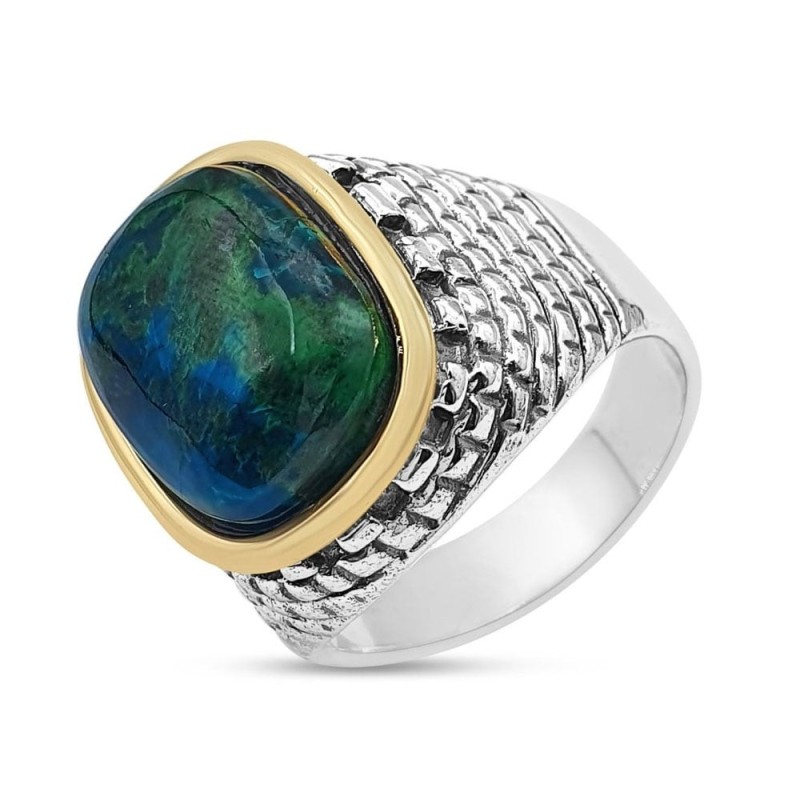 Deluxe Eilat Stone, Silver and Gold Filled Ring - Old Jerusalem Motif